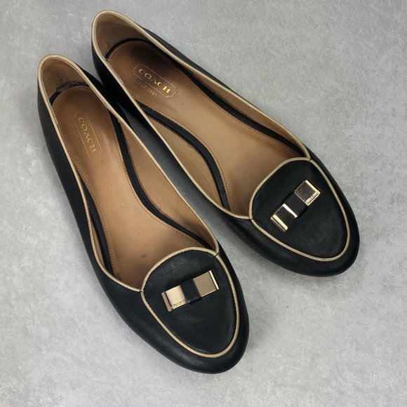 Coach Shoes - Coach Black Leather Loafers with Gold Bows Size 8